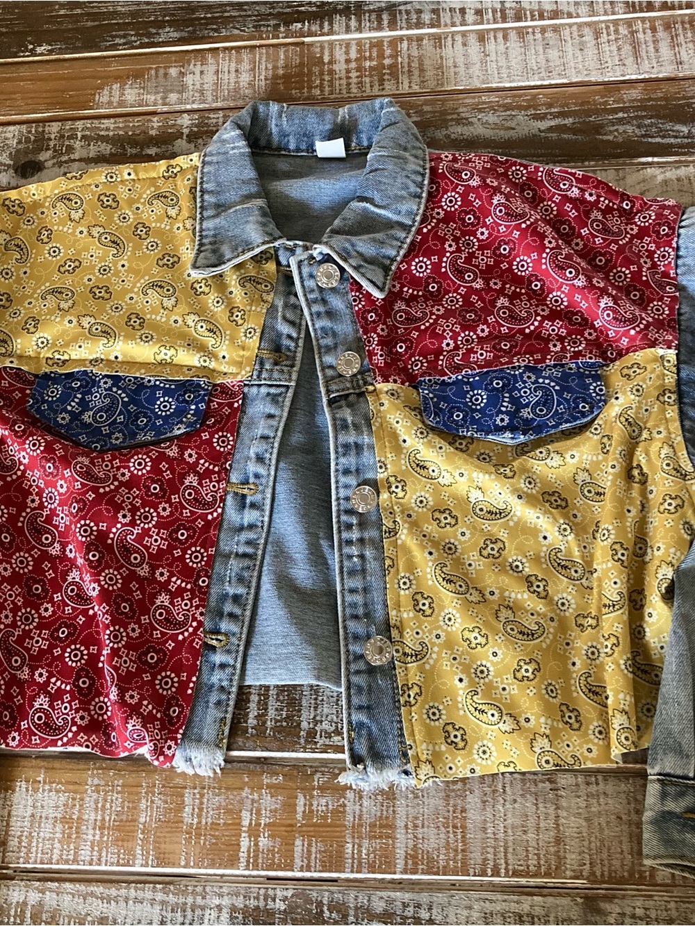 Awesome Patchwork Bandana Denim Jacket - Red, Yellow & Blue